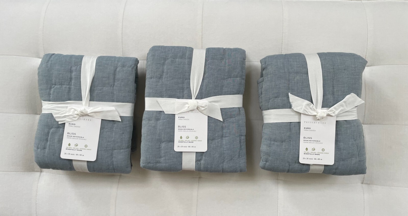 Pottery Barn BLISS HANDCRAFTED LINEN COTTON Quilt & 3 Euro Shams Chambray NWT