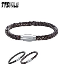 TTstyle 4mm Black/Brown Leather S.Steel Magnet Buckle Bracelet 15/17cm Children
