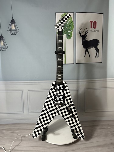 Checkerboard Flying V Electric Guitar HH Pickup String Thru Body Block ...