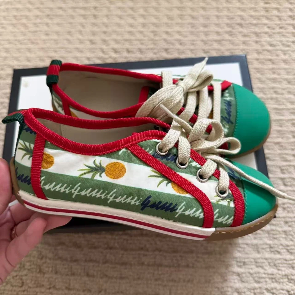 Gucci Kids Pineapple Print Sneakers Size 28 Green Red Canvas Shoes with Box - Image 3 of 4
