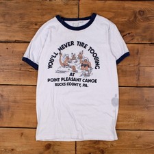 Vintage Ringer T-Shirt S Mens 80s White Cartoon USA Made Funny Single Stitch