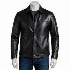 Men's Black 100 Real Lambskin Leather Jacket Minimal Shirt Style Button Jacket