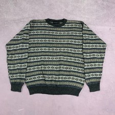 Vintage Abstract Knitted Jumper Patterned Grandad Chunky Knit Sweater Men's L