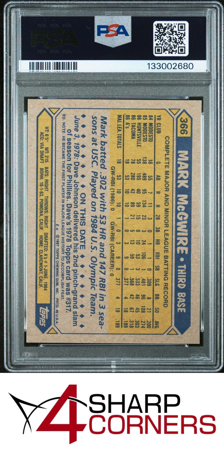 1987 TOPPS #366 MARK McGWIRE ATHLETICS PSA 10 view 2