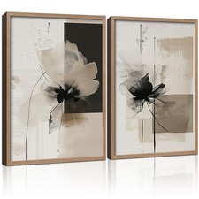 2Pcs Framed Black and White Flower Abstract Wall Art Modern Neutral Canvas Pr...
