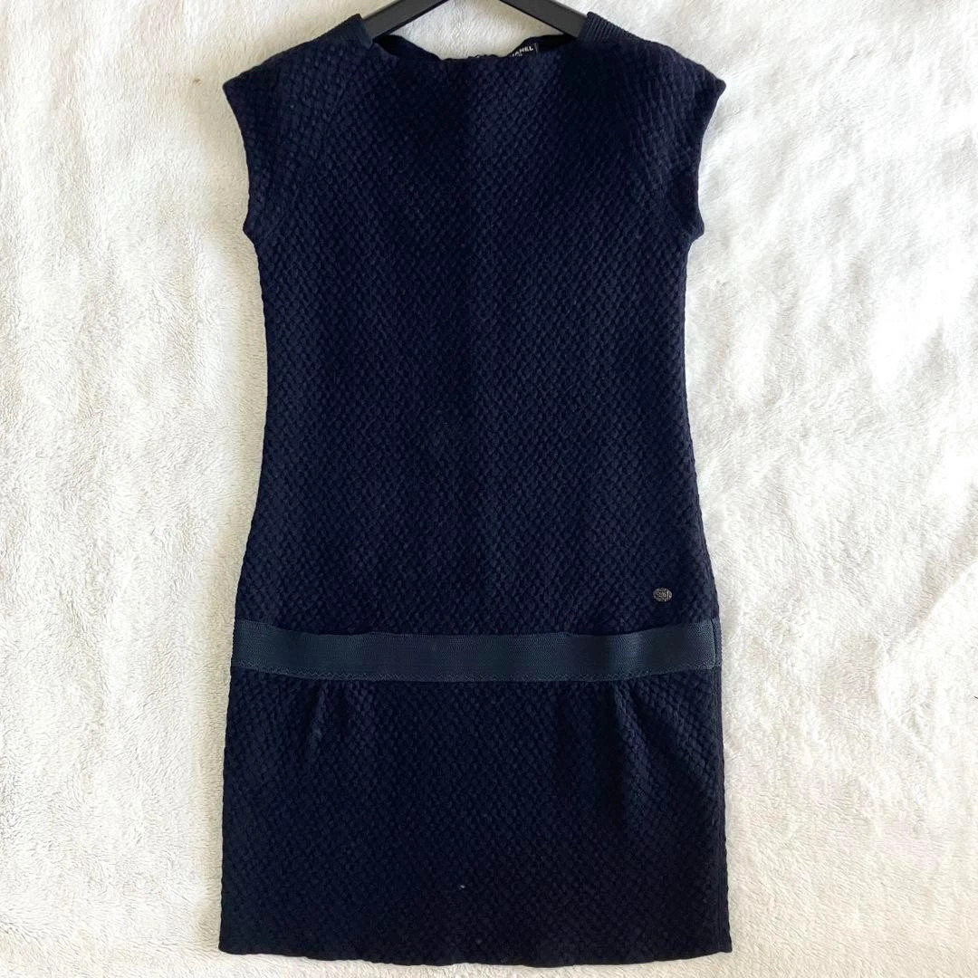 Chanel — CHANEL 2012 Wool Knit Dress Logo Buttons Navy 12P Size 38 France SR2202