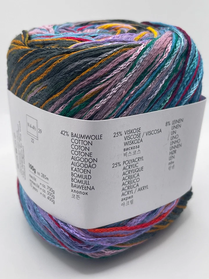 Lang Karma #03 Black Blue Red Lilac Striping DK Cotton Linen Cake Yarn 100g 311y - Image 4 of 4