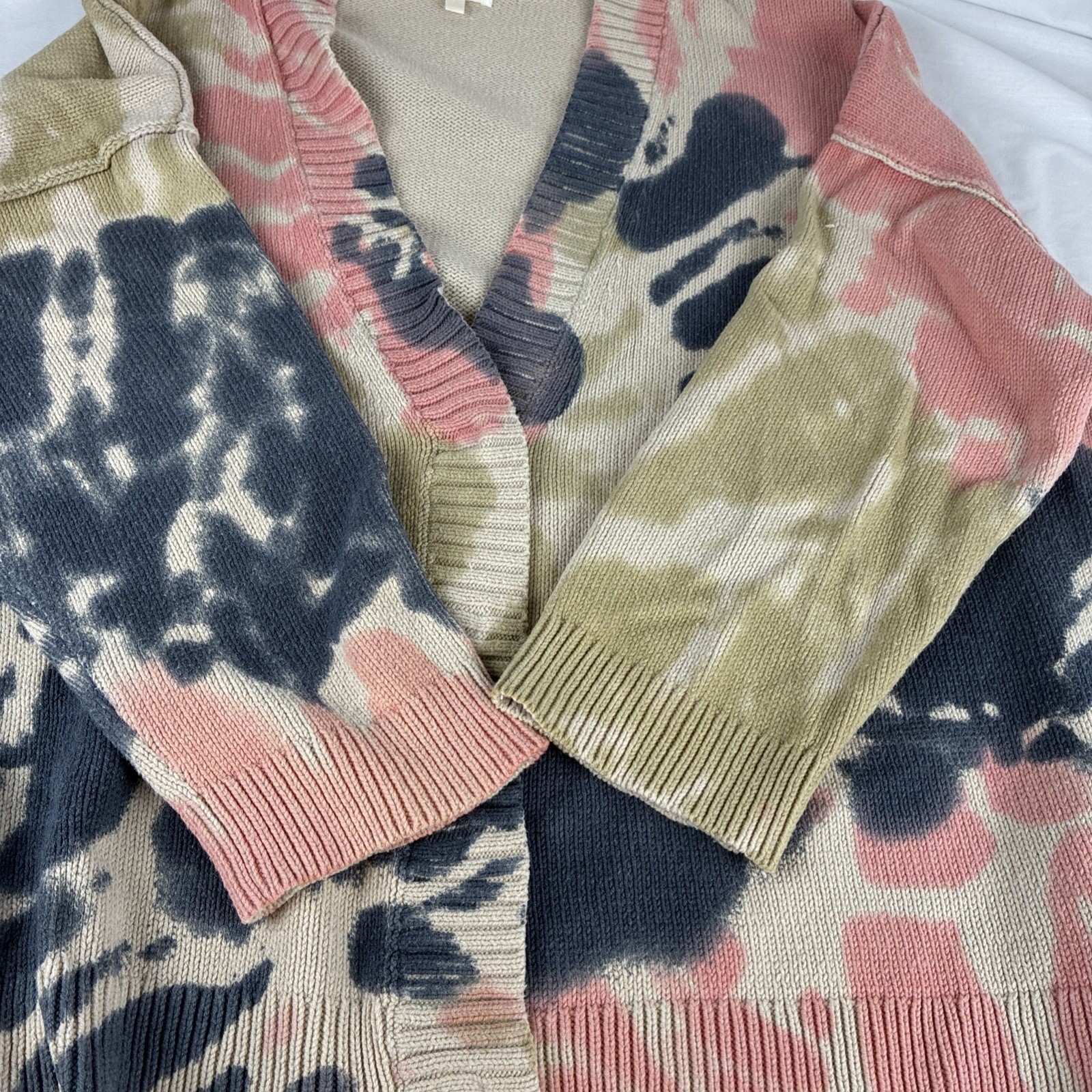 Lisa Todd Women 2X Cardigan Sweater Pink Blue Green Abstract Tie Dye Knit V-Neck