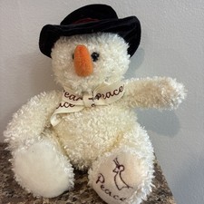 Snowman Russ Berrie 8" Plush Stuffed Animal Black Hat Peace Bow Christmas