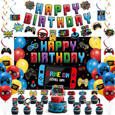 Video Game Birthday Decorations Includes Banner, Backdrop, Balloons, Hanging Swi