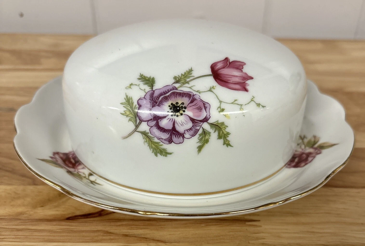 CMIELOW Poland Covered Butter Dish Pink Purple Floral Scalloped Edges Gold EUC