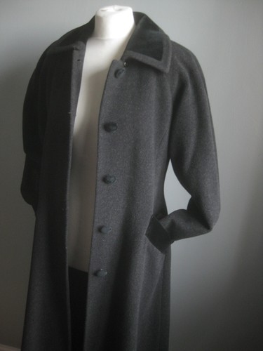 VINTAGE WOOL PRINCESS COAT 10 long velvet trim cashmere NUAGE duster fit flare - Picture 19 of 23
