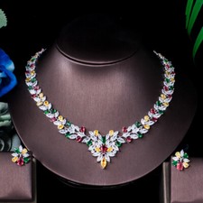 Women Silver Plated Colorful Leaf CZ Stud Earrings Necklace Wedding Jewelry Set