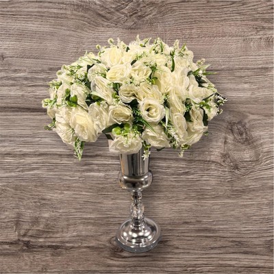 Luxus künstliche weiße Rose & Hortensie Blumengesteck in Silber Vase