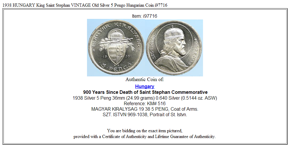 1938 HUNGARY King Saint Stephan VINTAGE Old Silver 5 Pengo
