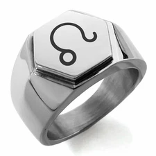 Stainless Steel Astrology Leo Mens Hexagon Crest Biker Style Signet Ring