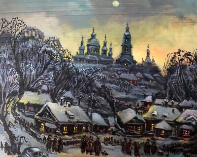 Oil Painting Winter Evening A. Litvinov Unframed Original Decor Art nAAA2886