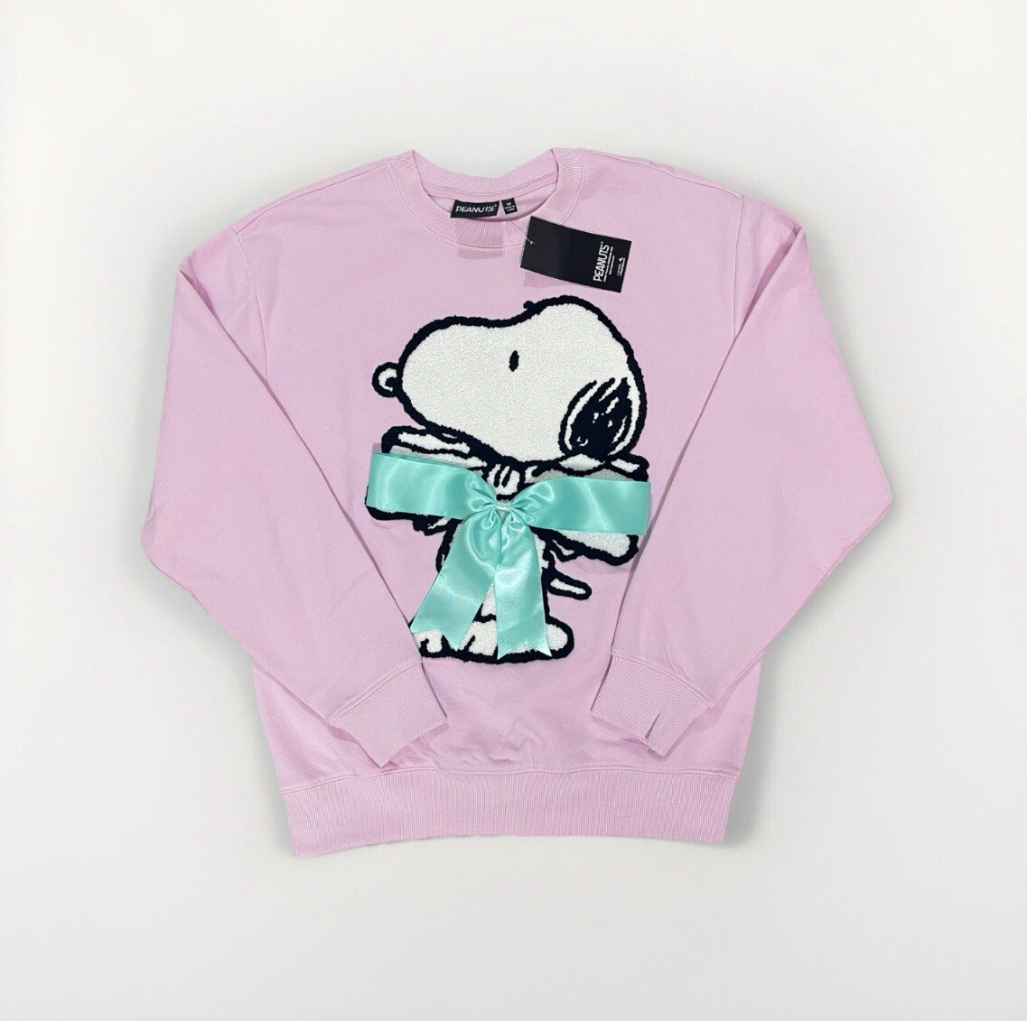 Peanuts Snoopy Pink Oversized Sweatshirt Green Satin Bow Sz M NWT
