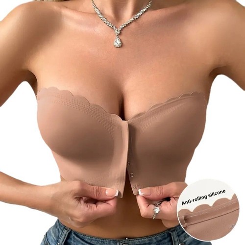 Front Closure Seamless Bandeau Bra -Lace Trim Comfort Wireless Push Up Underwear - Picture 5 of 23