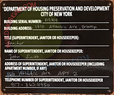 NYC HPD Serial Number Sign (White, 7X8.5inch, Aluminum, Rust Free)-REF24-1027