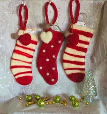 Set of 3 Mini Wool Christmas Stocking 8” Stripes/Dots Decorations