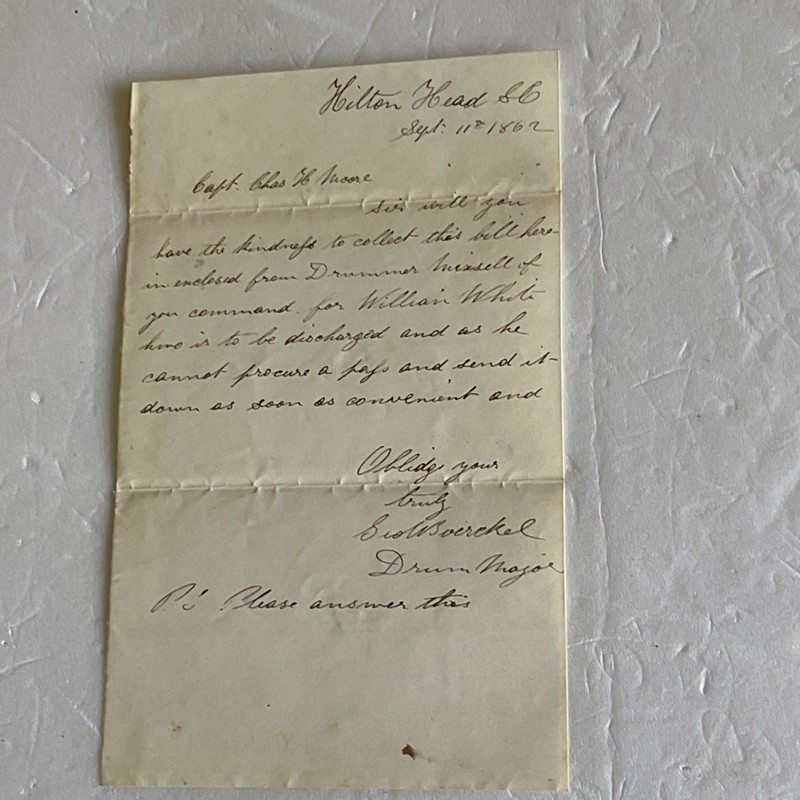 CIVIL WAR HILTON HEAD DRUM MAJOR LETTER 47th NYV 1862 DRUM MAJOR GW BOERCKEL