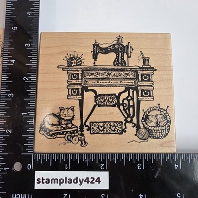 NOS Vintage PSX Rubber Stamp K-1463 Antique Singer Sewing Machine Cat Yarn