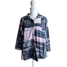 Parsley & Sage Pearlized Button Down Top Womens XL Pink Black Soft Stretch Comfy