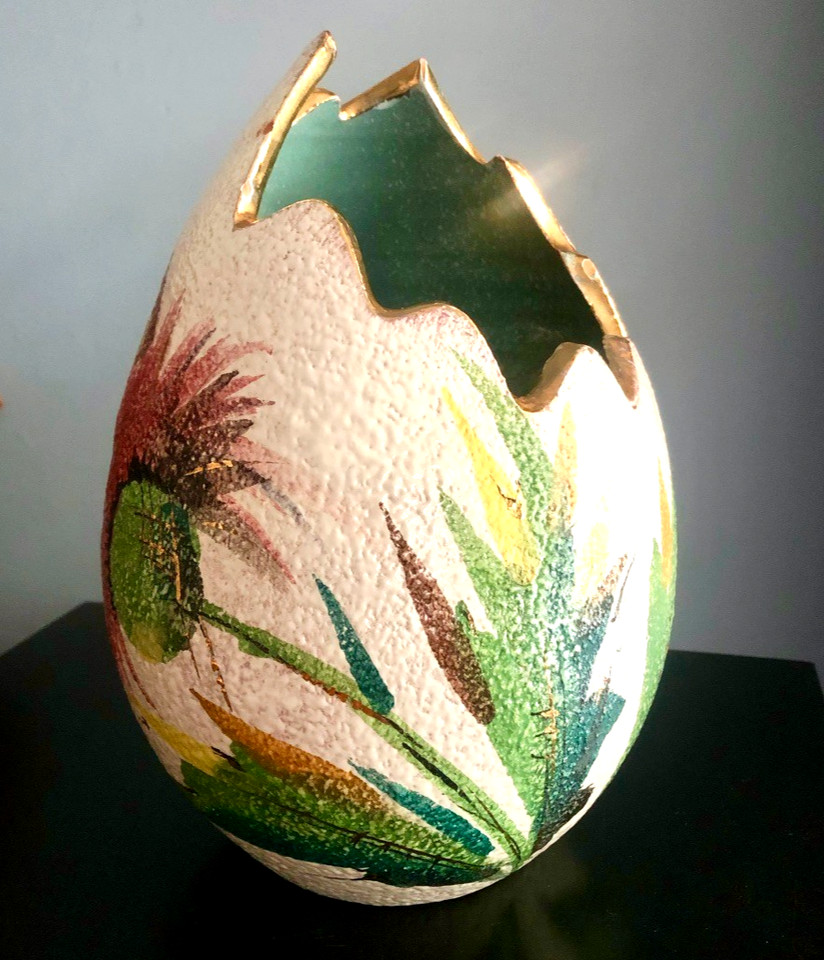 Mid Century ITALY Art Pottery "CRACKED EGG" Vase - Gold Gilt Rim Thistle Pattern