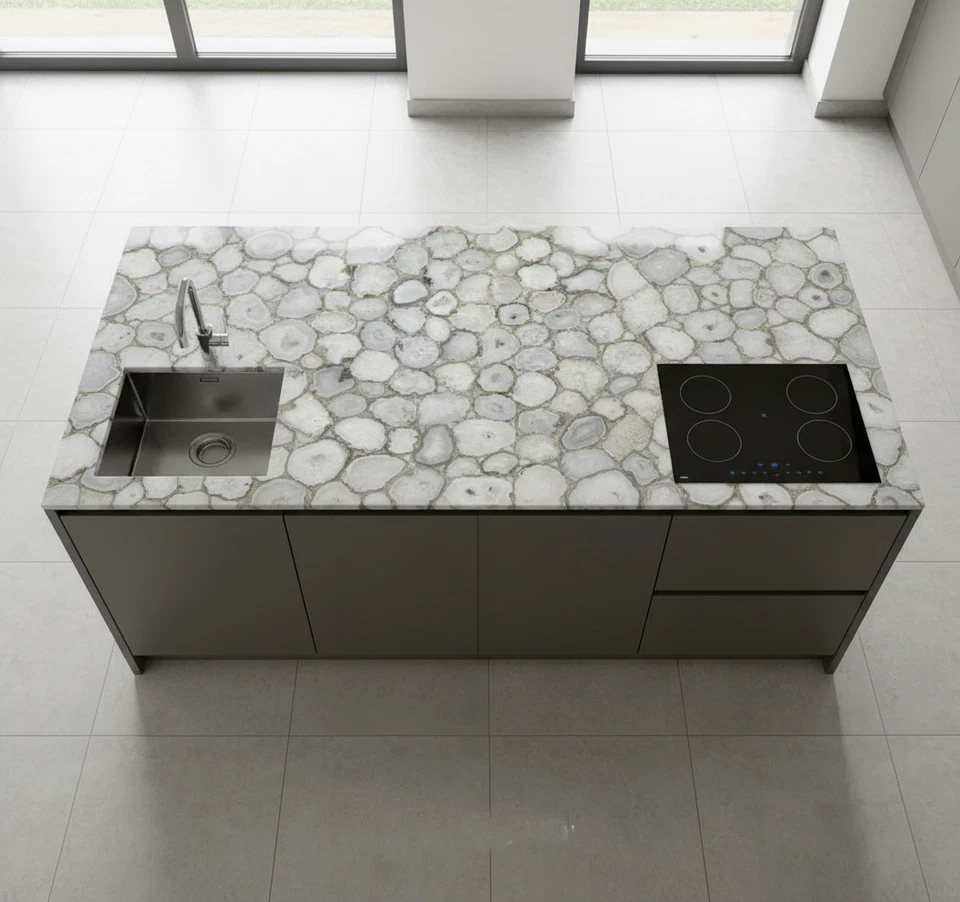 White Agate Modern Kitchen Island Top – Luxury Gemstone Countertop | Handcrafted - Image 4 of 4