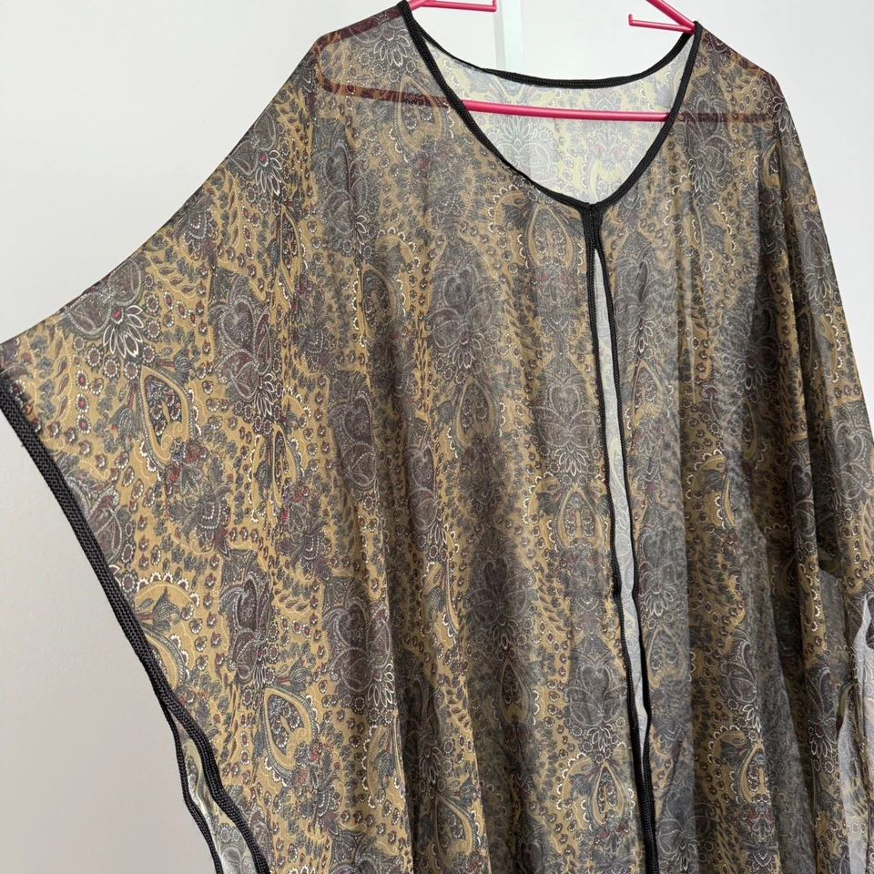 Paisley Sheer Cover-Up Duster Black Trim Beach Pool Resort Kimono - Image 4 of 4