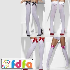 Smiffys Opaque White Bows Glamour Hold-Ups Ladies Fancy Dress Accessory New