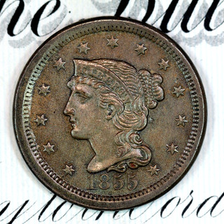 1855 UPRIGHT 55 SUPERB GEM BU MS BRAIDED HAIR LARGE CENT FROM COLLECTION