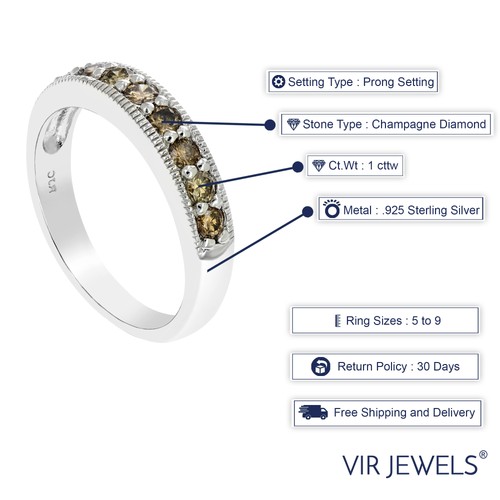 1 cttw Champagne Diamond Wedding Band with Milgrain .925 Sterling Silver - Picture 4 of 8