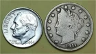 Lot of 2 Coins - 1 90% Silver Roosevelt Dime (1964D) & 1 Better Lib V 5c (1911P)