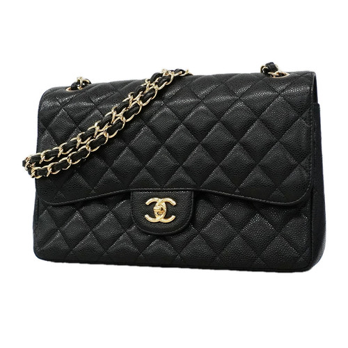 Chanel Double Flap Chain Shoulder Bag Quilted Caviarskin Black Women's #OTB352