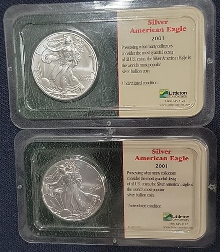 (2) 2001 $1 American Eagle .999 1 oz Pure Silver in Littleton Showpak BU