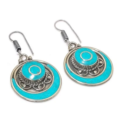 Boucles d'oreilles pierres précieuses turquoise bijoux népalais anciens... - Photo 1/4