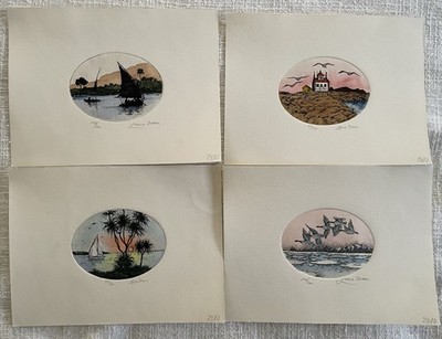 Laura Braun 4 Original kolorierte Radierungen Meer Palmen Boote Vintage signiert
