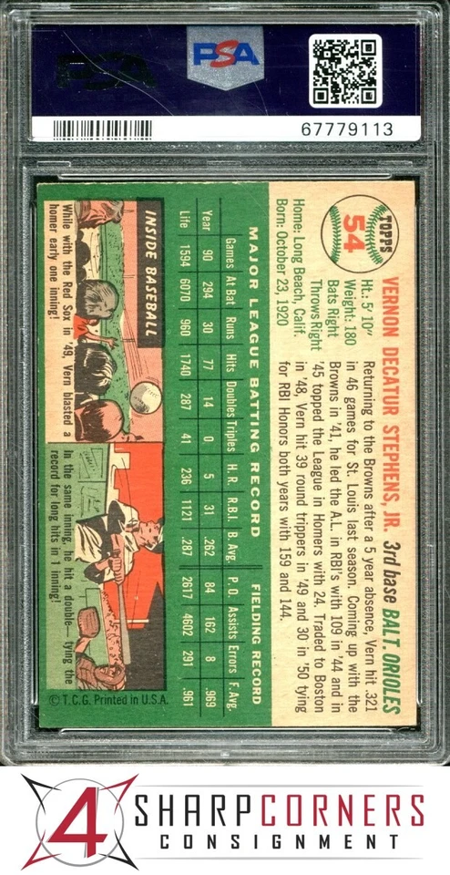 1954 TOPPS #54 VERN STEPHENS ORIOLES PSA 7 - Image 2 of 4