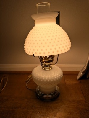 Vintage White Milk Glass Hobnail Hurricane Electric Table Lamp 1950s-60s
