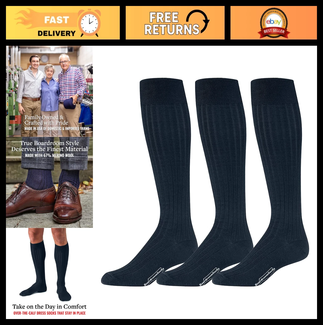 Men's Merino Wool Over-the-Calf Dress Socks - Ribbed, Breathable, Size 8-12