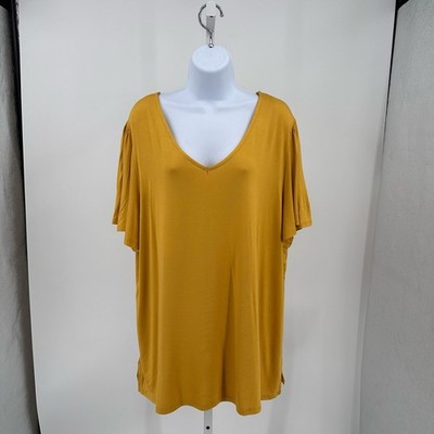 Green Envelope Yellow Flutter Sleeve Blouse 2X Plus Top V-neck Loose Split Hem