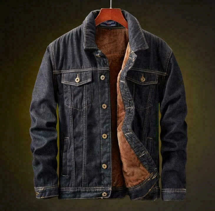 Plus size denim store jacket with fur collar