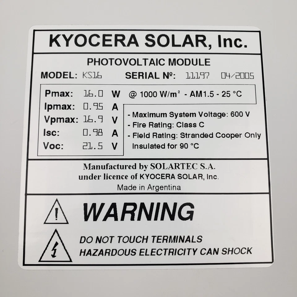 Kyocera KS16 16 Watt Solar Panel Multicrystal Photovoltaic Module NOS - Imagem 3 de 4