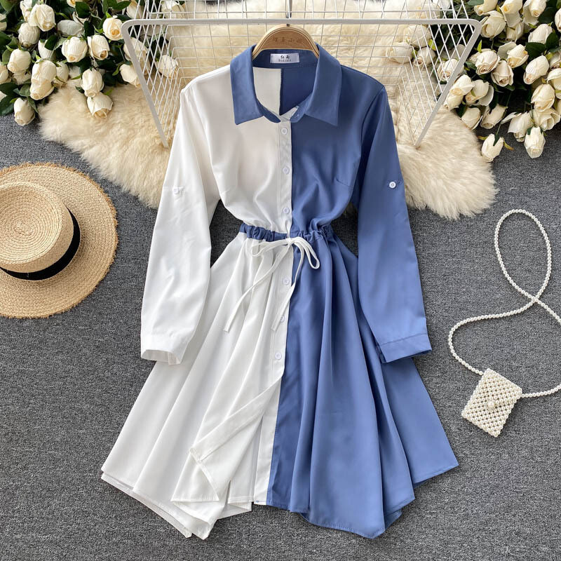 3COLOUR★Patchwork dress waist A-line skirt ワンピース 316 Lady Asymmetrical Patchwork Shirt Dress Two-toned Drawstring