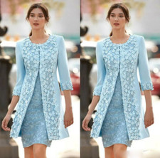 Elegant Blue Mother of the Bride Dresses Outfit Jacket 2 Pieces Long Sleeves