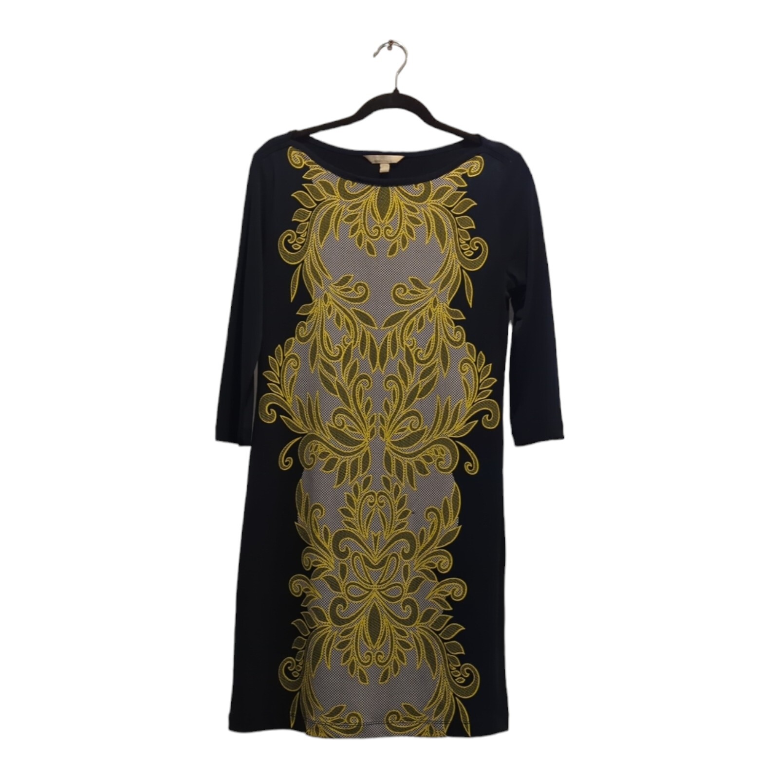 Banana Republic sz S Small Floral Blue Gold Midi 3/4 Sleeve Navy Blue