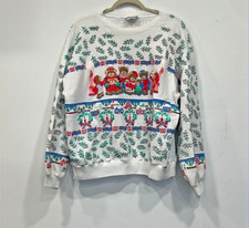 VINTAGE Christmas Holiday Caroling BEARS Sweatshirt Raised Texture Holly Leaves
