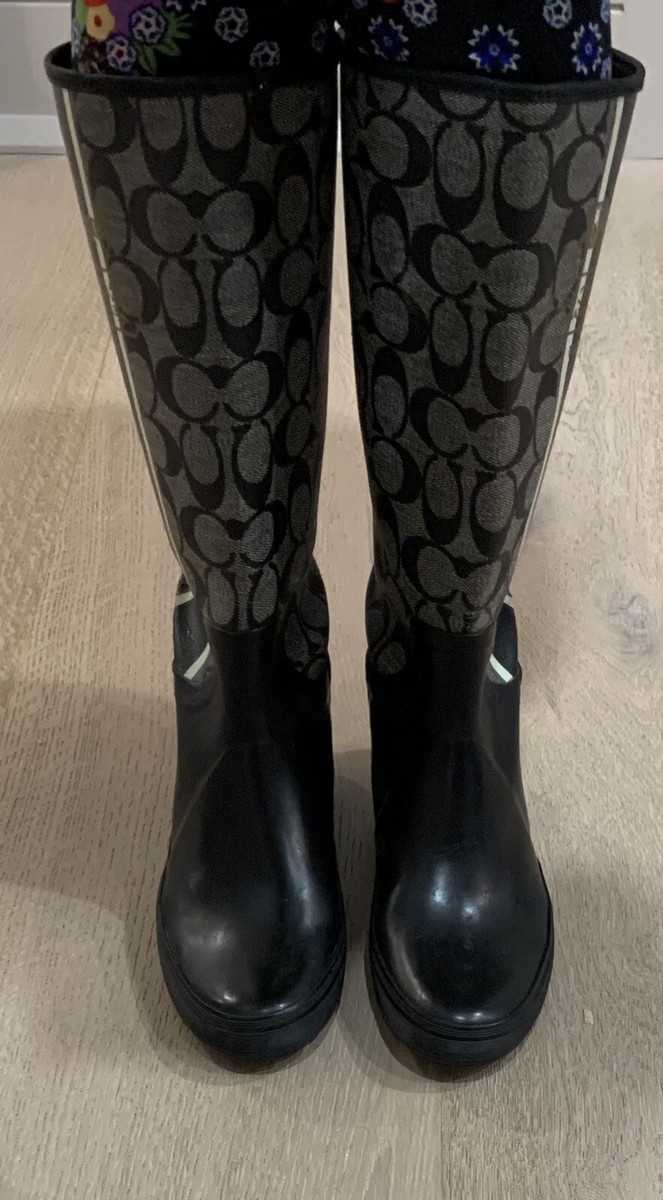 COACH SIGNATURE MID CALF BLACK/GREY RAIN BOOTS SIZE